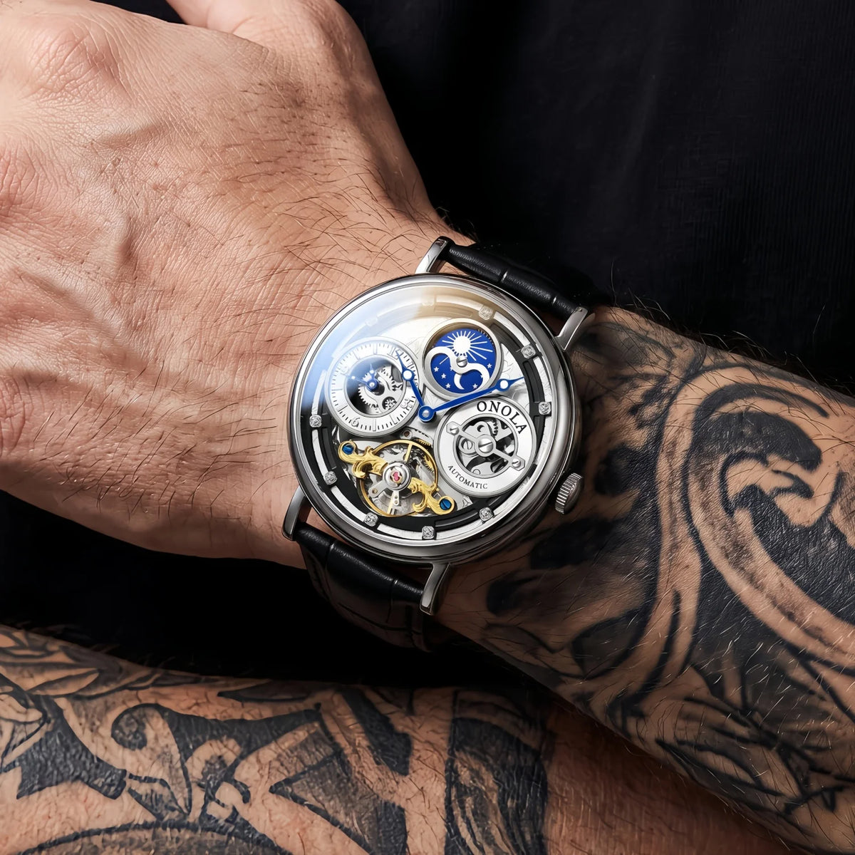 Orologio Meccanico da Uomo ONOLA, Cassa Rotonda, Quadranti Multipli, Quadrante Cavo con Fasi Lunari Giorno Notte, Regalo per Lui