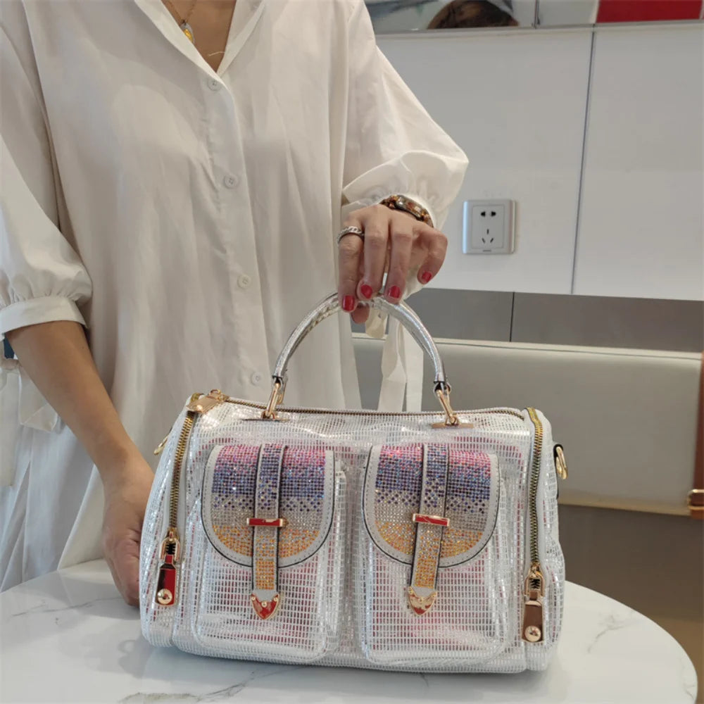 Borsa a tracolla da donna alla moda ed elegante, impreziosita da diamanti, con più tasche, borsa leggera, lussuosa e brillante