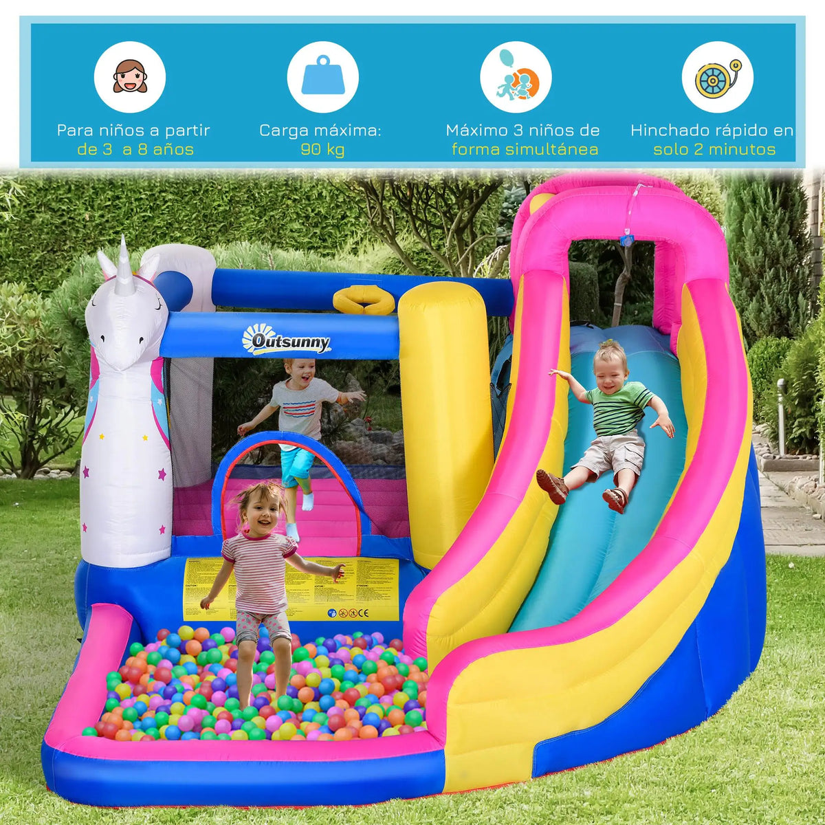 Castillo hinchable unicornio con soplador, tobogán, piscina y canasta de baloncesto 360x305x210cm
