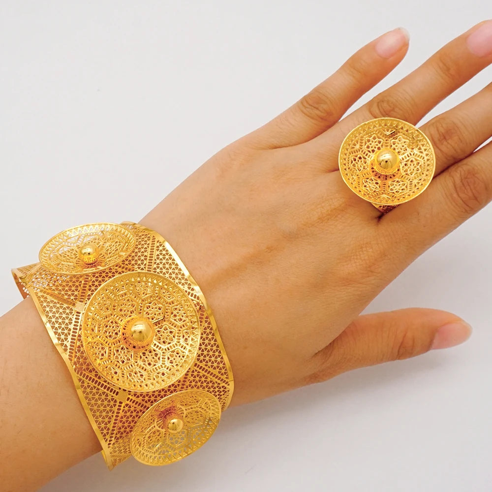 Bracciale color oro Dubai con anello per donna Bracciale con polsino a catena con ciondoli Bracciale indiano Arabo Francia Regali di gioielli da sposa