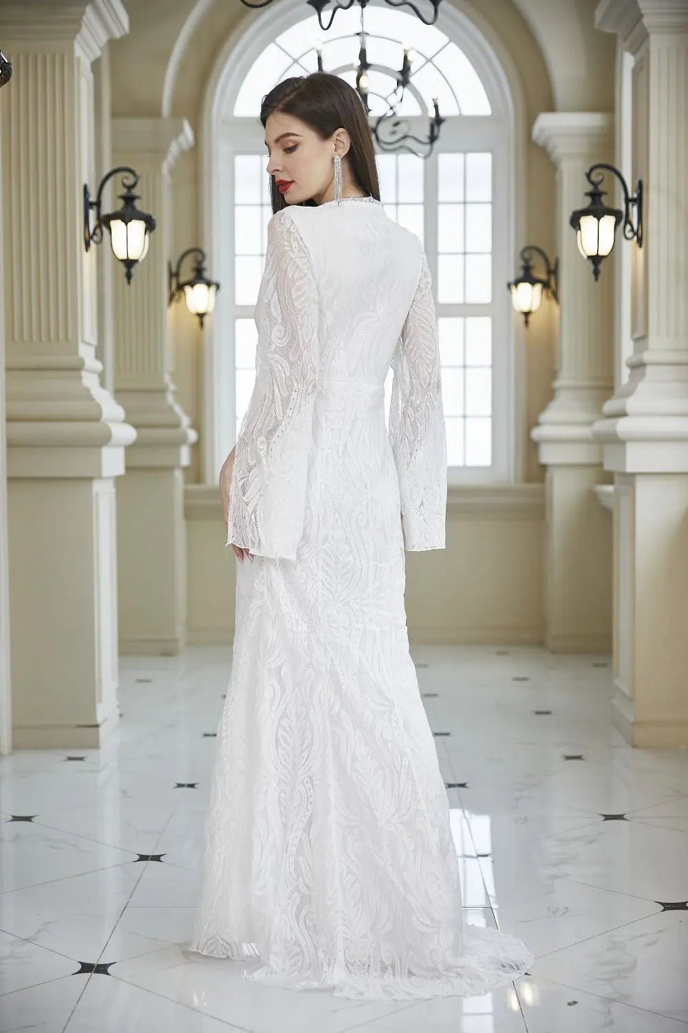 Abito in Pizzo da Donna Primavera Estate, Vestito da Damigella d'Onore, Abito da Sera per Ospiti di Matrimonio, Manica Lunga, Scollo a V, Aderente, Bordeaux