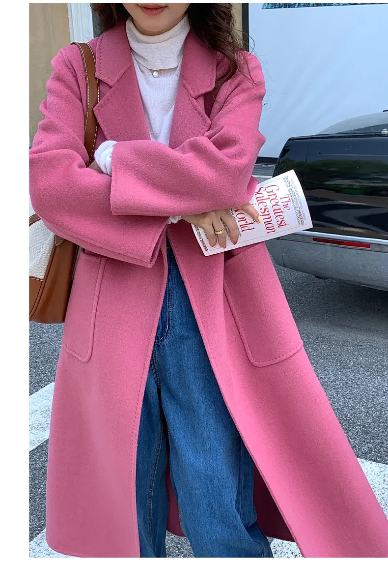 2024 Donne di Inverno di Lusso Fatti A Mano Cappotti di Lana Double Face 100% X-Lunghi Cappotti di Design Coreano Delle Donne Della Tuta Sportiva Cappotti Rosa