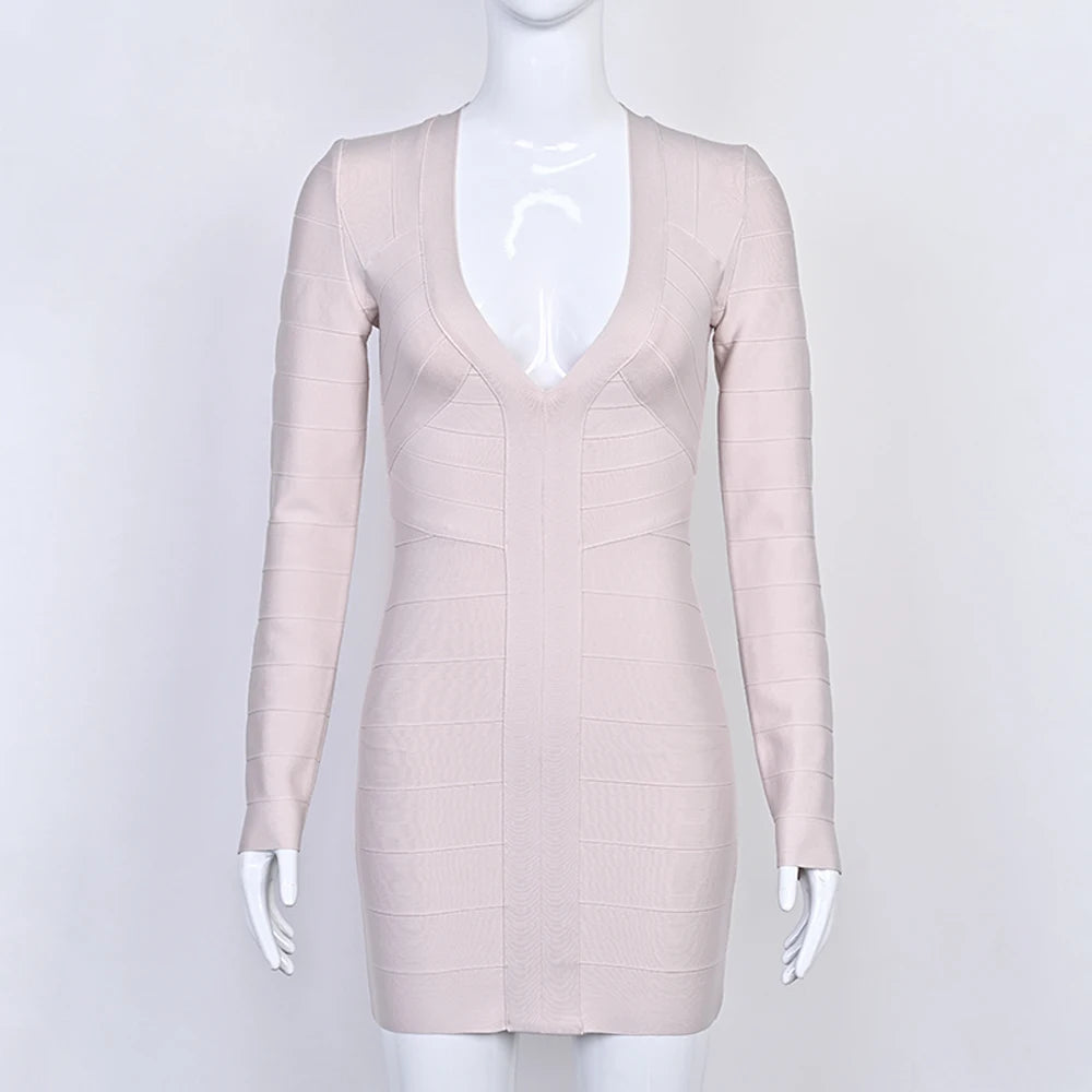 BEAUKEY Abito da Sera Sexy Mini con Scollo a V Profondo e Maniche Lunghe Beige, Vestito da Festa con Fasce, Abito da Clubwear Lungo Stile Runway