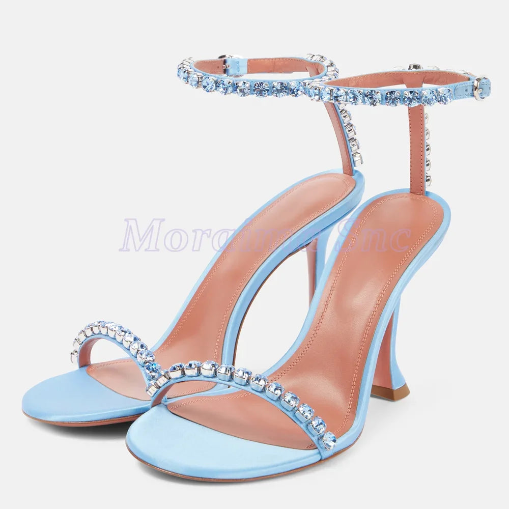 Sandali in Raso con Dettagli in Cristallo, Punta Rotonda, Cinturino alla Caviglia, Scarpe Eleganti da Donna Sexy e alla Moda, Blu Solido per Banchetti Estivi