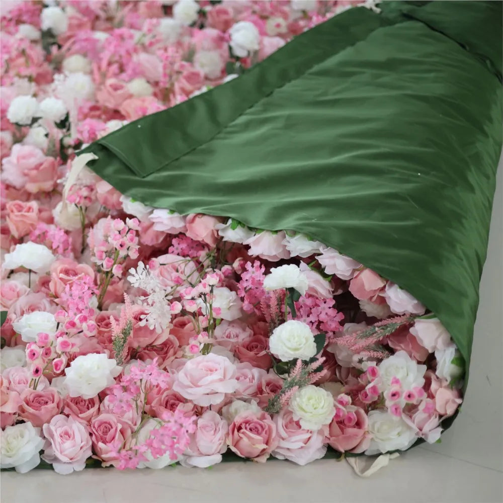Uflower Custom Deluxe 3D Pink White Roses Artificial Flower Wall Outdoor Wedding Background Decoration Birthday Event Stage