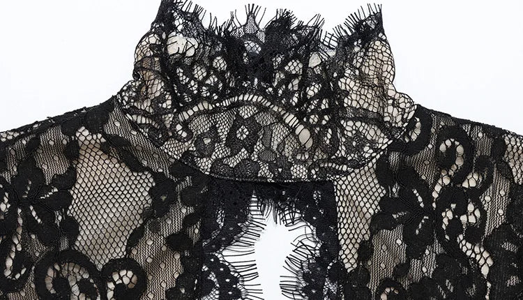 Huhugirl Abiti lunghi da donna in pizzo, traforati, tinta unita, sexy, a maniche lunghe, con spacco, alla moda, con colletto rialzato, stile street, casual da donna