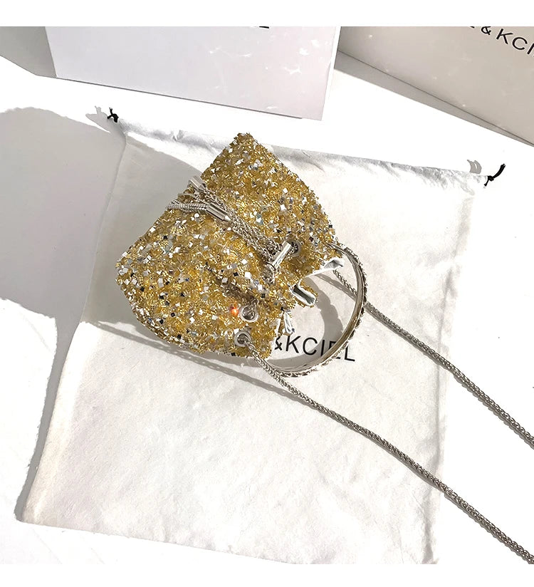 Borsa a mano da donna di lusso in metallo con paillettes scintillanti, pochette da sera, borsa a secchiello per feste di matrimonio, borsa a tracolla messenger