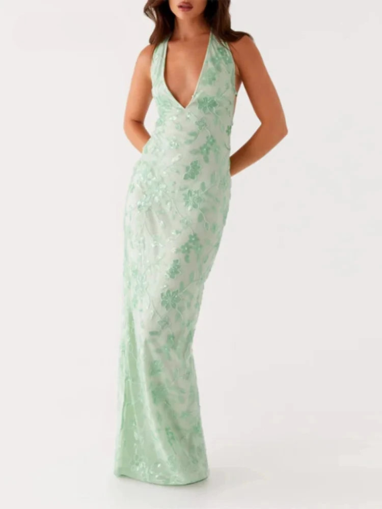 Abito da festa lungo ricamato da donna elegante Abito da festa femminile senza maniche con scollo all'americana sottile Abiti da festa estivi da donna