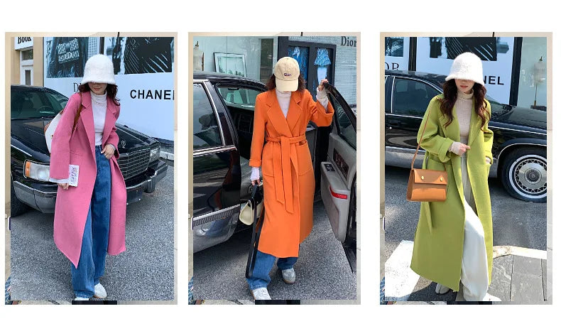 2024 Donne di Inverno di Lusso Fatti A Mano Cappotti di Lana Double Face 100% X-Lunghi Cappotti di Design Coreano Delle Donne Della Tuta Sportiva Cappotti Rosa