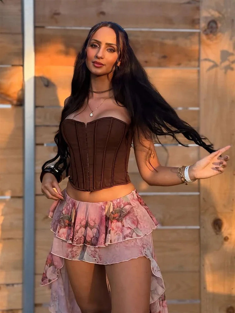 Gonna da donna rosa floreale con volant asimmetrici, sexy, con orlo asimmetrico, chic, trasparente, plissettata, a trapezio, 2026, stile bohémien da spiaggia