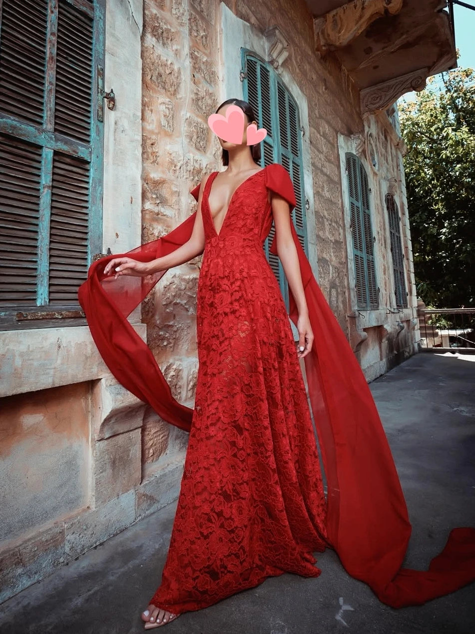 Oisslec Abito Elegante Vintage Sexy Rosso con Paillettes e Pizzo Scollo a V Nuovo Stile Personalizzabile per Occasioni Formali Abito da Ballo Vestito da Sera