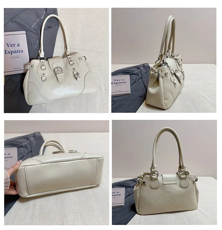 Borsa a Tracolla alla Moda Nuovo Stile 2026, Borsa a Mano Semplice per il Pendolarismo, Versatile con Elementi Rivetto Tinta Unita, Stile Coreano