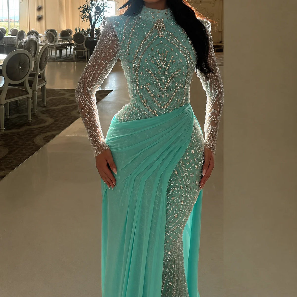 Just You Abito da Sera Verde a Sirena con Perline, Collo Alto, Maniche Lunghe, Paillettes, Spacco, Abito Formale Personalizzato per Cerimonia, Festa, Damigella d'Onore