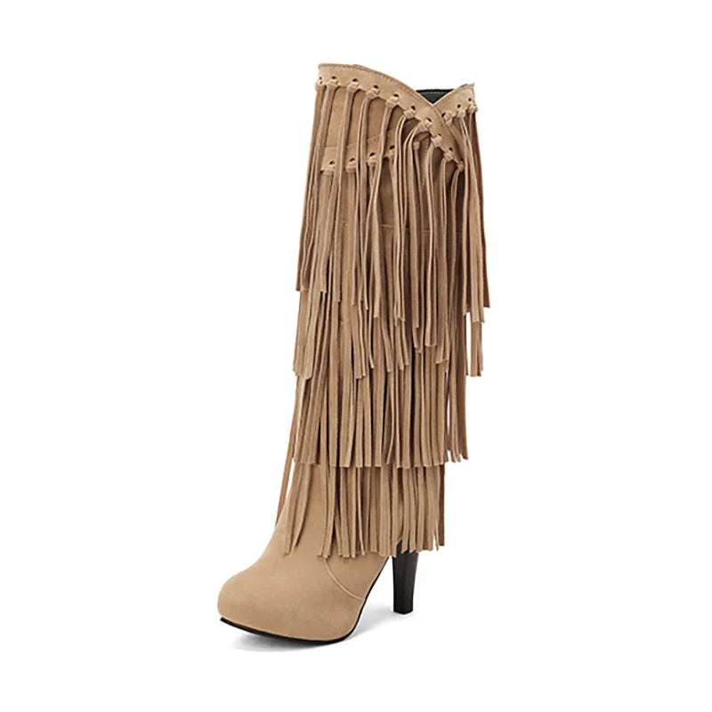 2022 primavera nuovo tacco alto con scollo a v con frange stivali da donna punta tonda impermeabile moda Sexy Set di piedi stivali da principessa