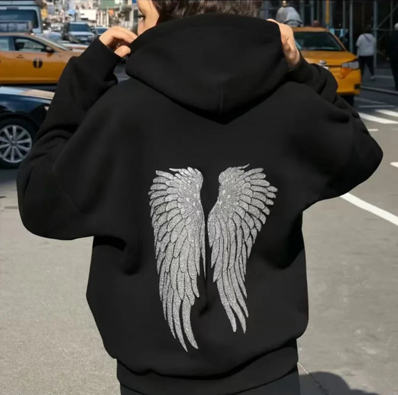 Felpe con Cappuccio da Donna con Stampa Ali d'Angelo in Paillettes, Maniche Lunghe, Tinta Unita, Stile Casual, Nuova Collezione 2025, Abbigliamento Streetwear Y2k