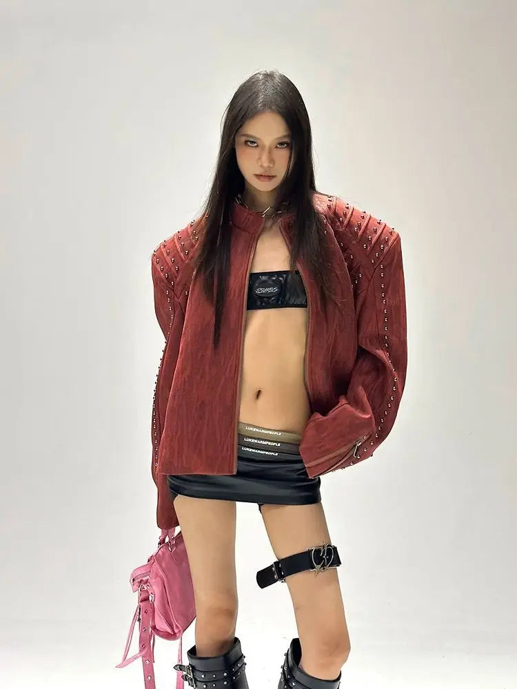 Giacca imbottita con spalle europee Spice Girls da donna Guochao Industria pesante Rivetto in metallo Colletto rialzato Abbigliamento da moto da uomo