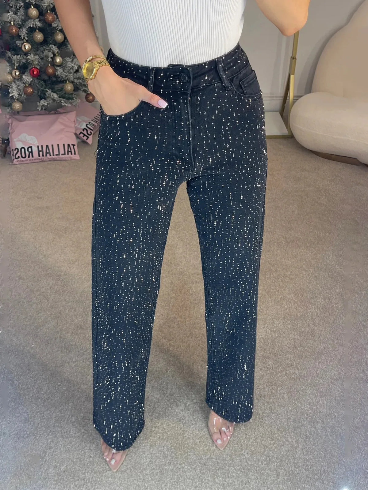 Jeans da Donna a Vita Alta con Strass, Gamba Larga, Lavaggio Chiaro, Pantaloni in Denim Scintillanti a Gamba Dritta