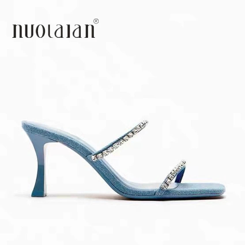 Denim blu strass tacchi alti donna muli Peep Toe moda pantofole Casual diapositive signore sandali con tacco scarpe estive