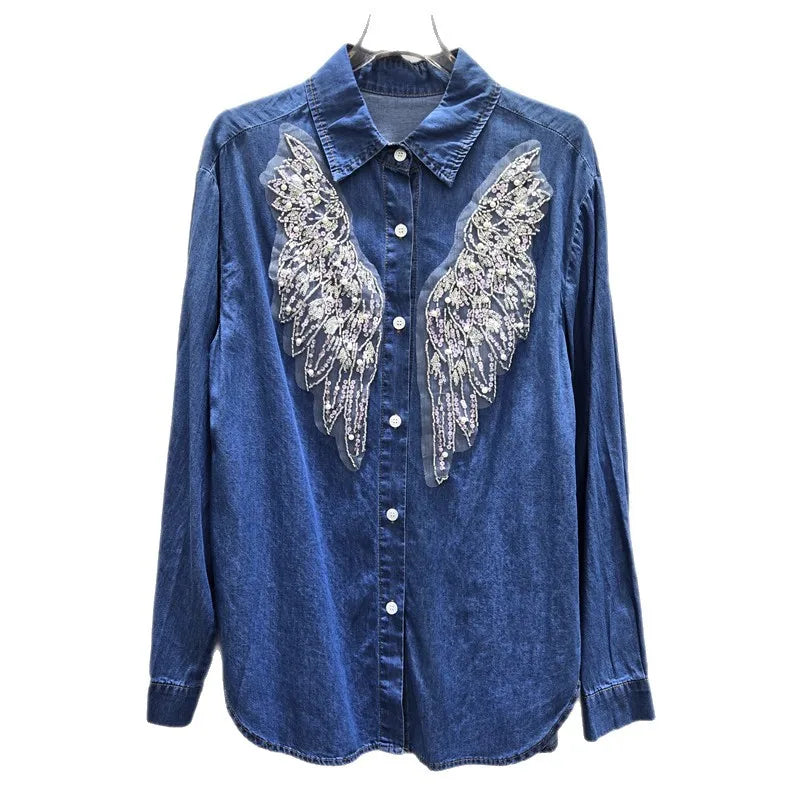 Camicia in denim elegante con paillettes e patchwork in rete, nuovo stile 2026 da donna, design con perline, maniche lunghe, streetwear, blusa ampia con risvolto
