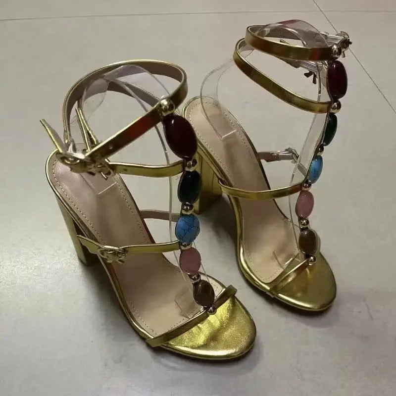 Sandali da donna con strass resistenti, tacco alto, estivi, a punta aperta, suola in gomma, con cinturino a T, in pelle sintetica, foderati