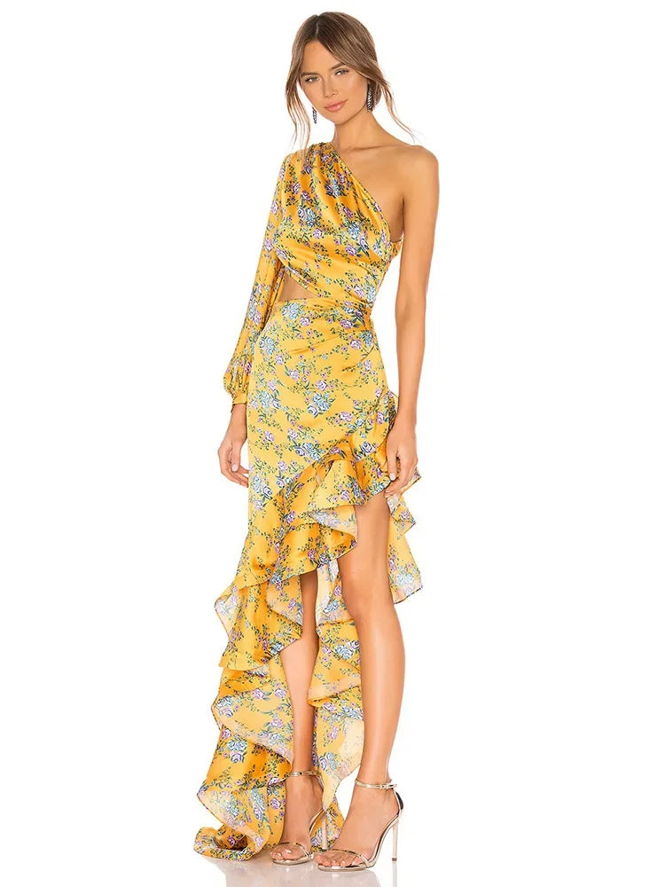 Abito Elegante e Sexy con Stampa Floreale, Orlo Asimmetrico, Collo Alto, Maniche a Palloncino, Lunghezza al Ginocchio