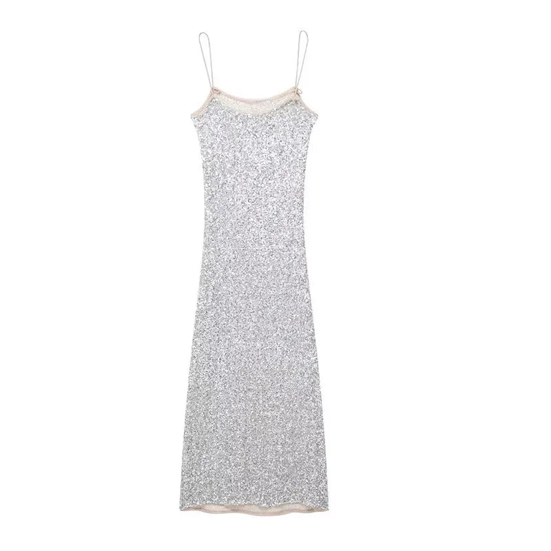 Elegante Abito con Paillettes da Donna Primavera Estate 2026, Vestito Senza Maniche con Scollo a Barca, Abito da Festa Scintillante, Dolce Abito da Ufficio Argento