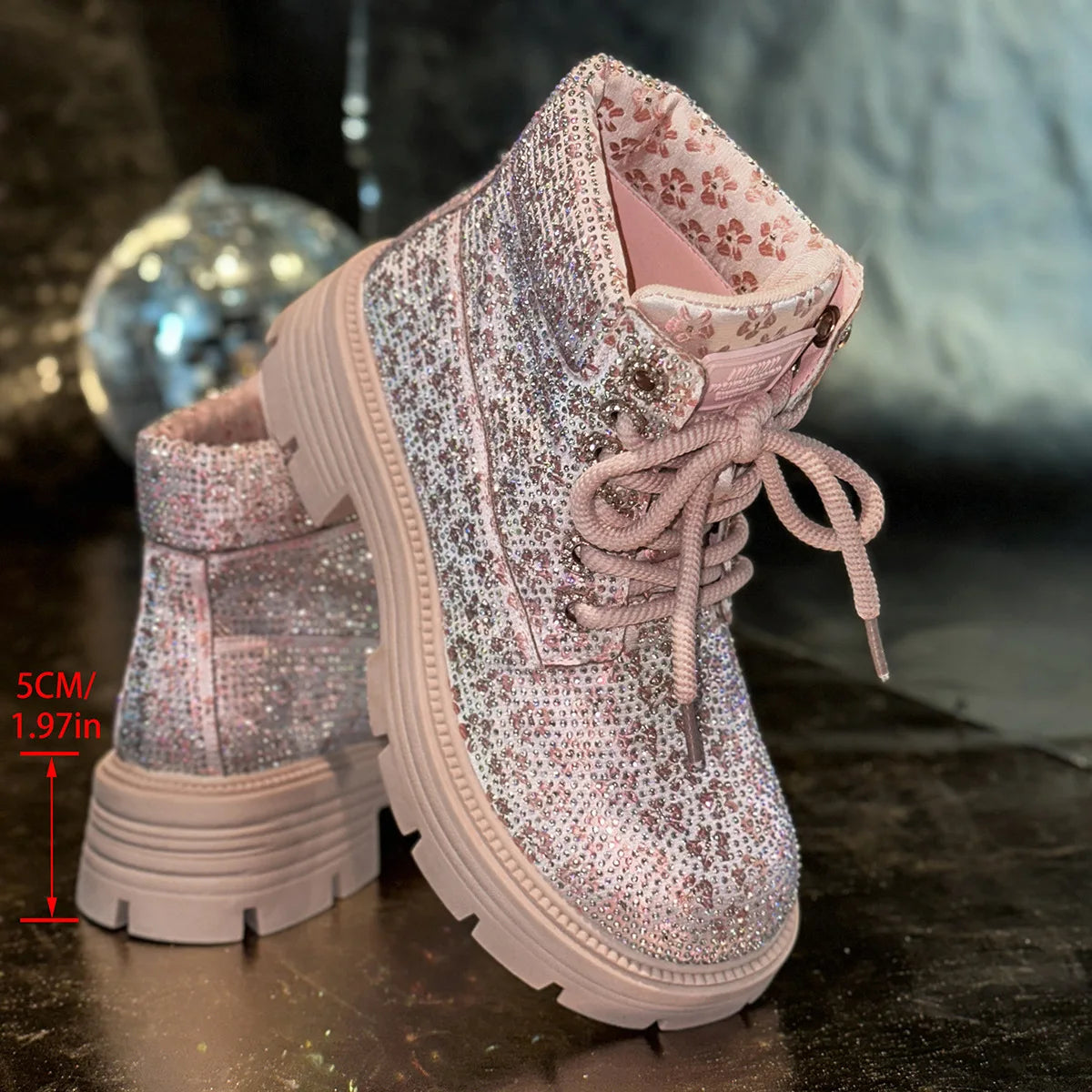 Stivaletti Retrò Autunno Inverno Nuovi con Strass e Lacci Punta Tonda Plateau Scarpe da Donna Taglie Grandi