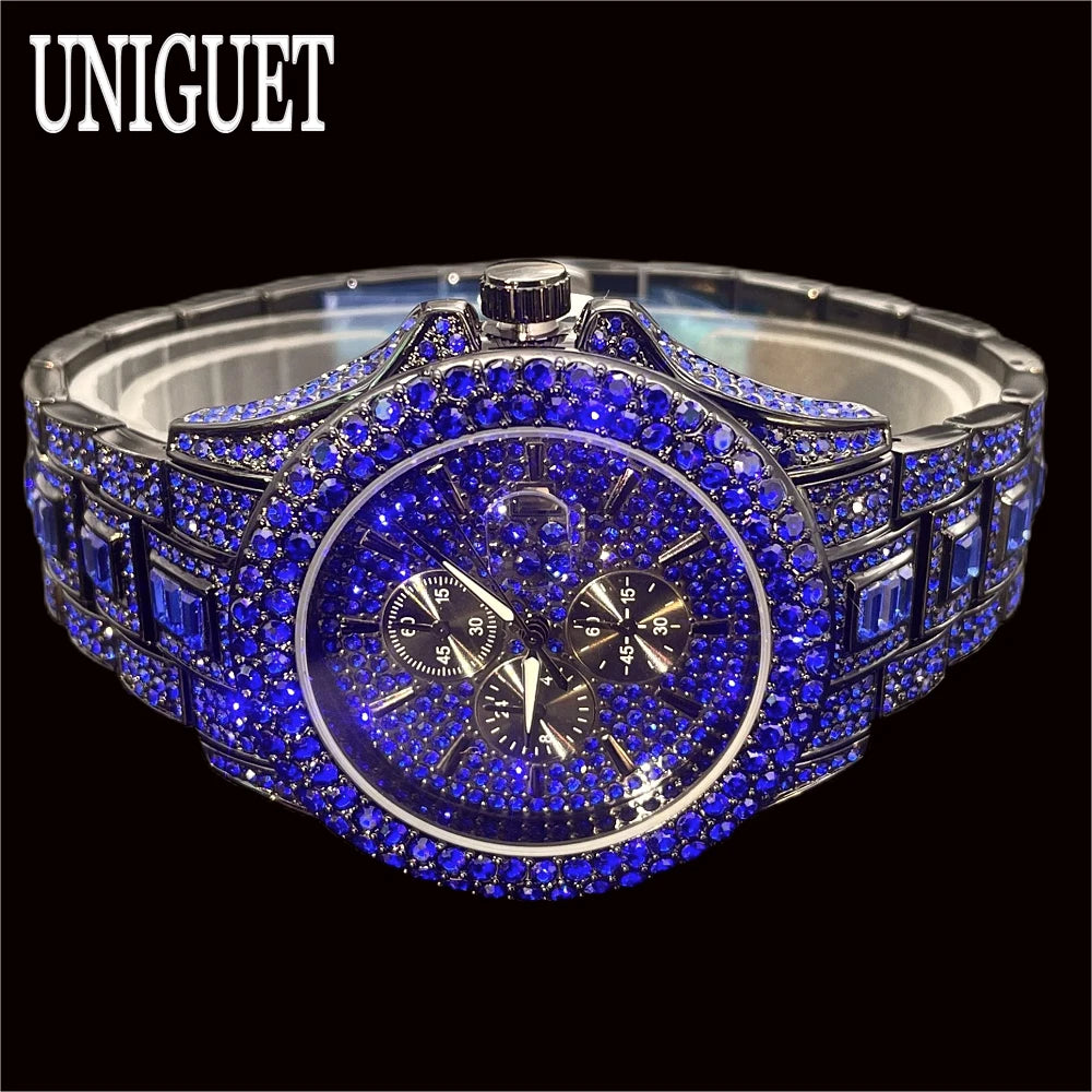 Vendita calda orologio rosso ghiaccio per uomo marchio di moda UNIGUET Hip Hop pieno di diamanti gioielli in acciaio inossidabile di lusso orologio da polso al quarzo uomo