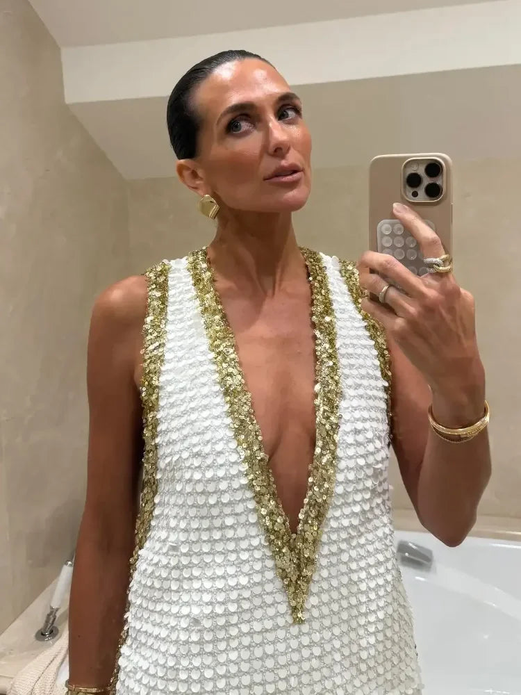 Abito sexy con gilet con paillettes Abito da donna con spalle scoperte senza maniche con scollo a V profondo Mini abiti trasparenti 2026 Abito da sera da donna