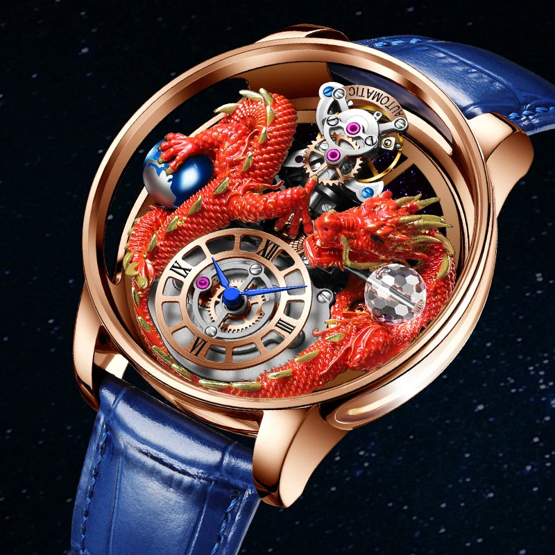 2024 PINDUCelestial Series orologio da uomo Traditionnelle Artisanat Dragon orologio al quarzo specchio curvo orologio dal Design completamente trasparente
