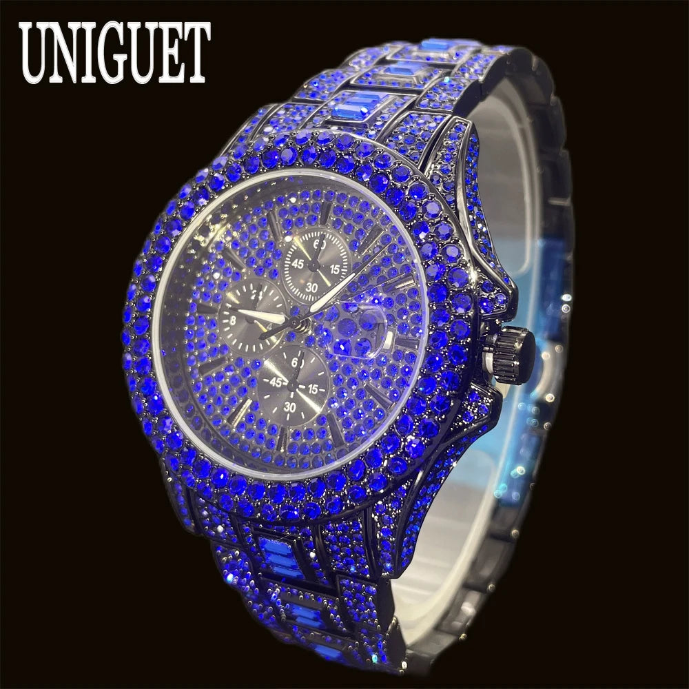 Vendita calda orologio rosso ghiaccio per uomo marchio di moda UNIGUET Hip Hop pieno di diamanti gioielli in acciaio inossidabile di lusso orologio da polso al quarzo uomo