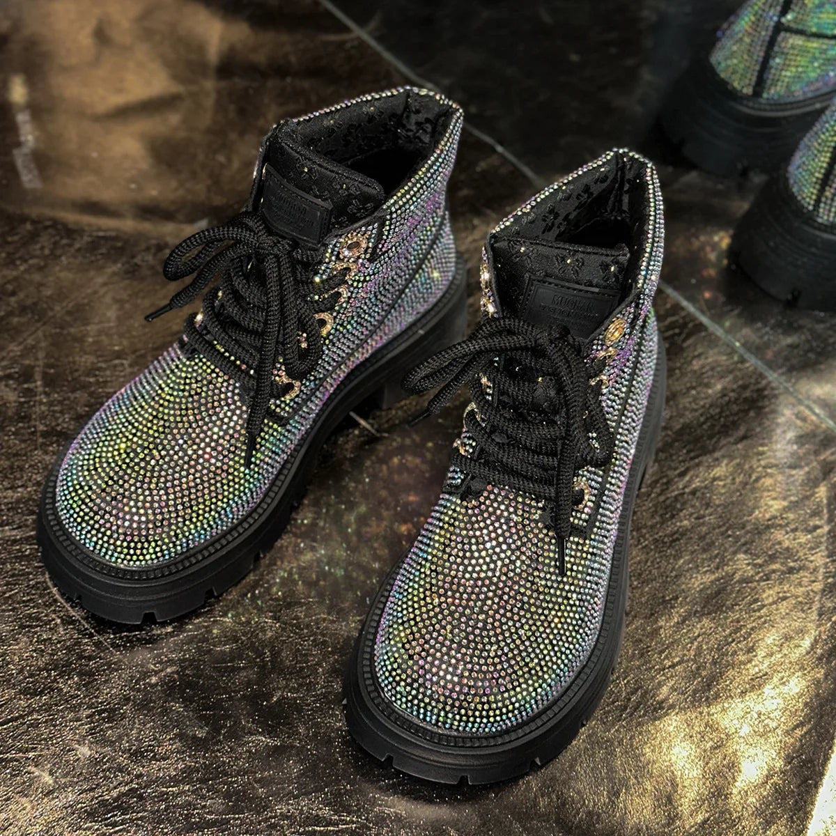 Stivaletti Retrò Autunno Inverno Nuovi con Strass e Lacci Punta Tonda Plateau Scarpe da Donna Taglie Grandi