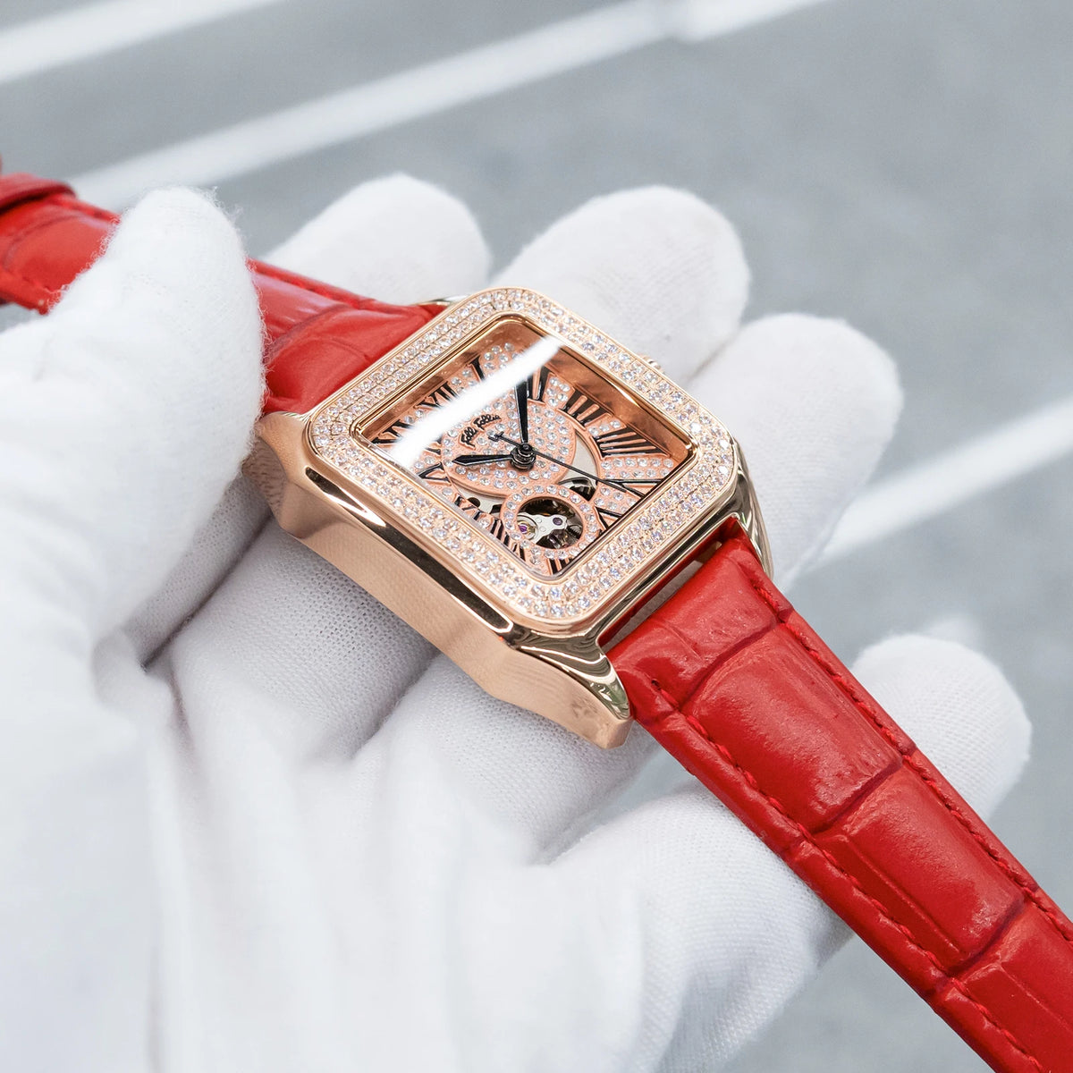 FolliFollie Orologio da donna automatico con quadrante in oro rosa e diamanti con numeri romani, cinturino in pelle, orologio da donna di lusso