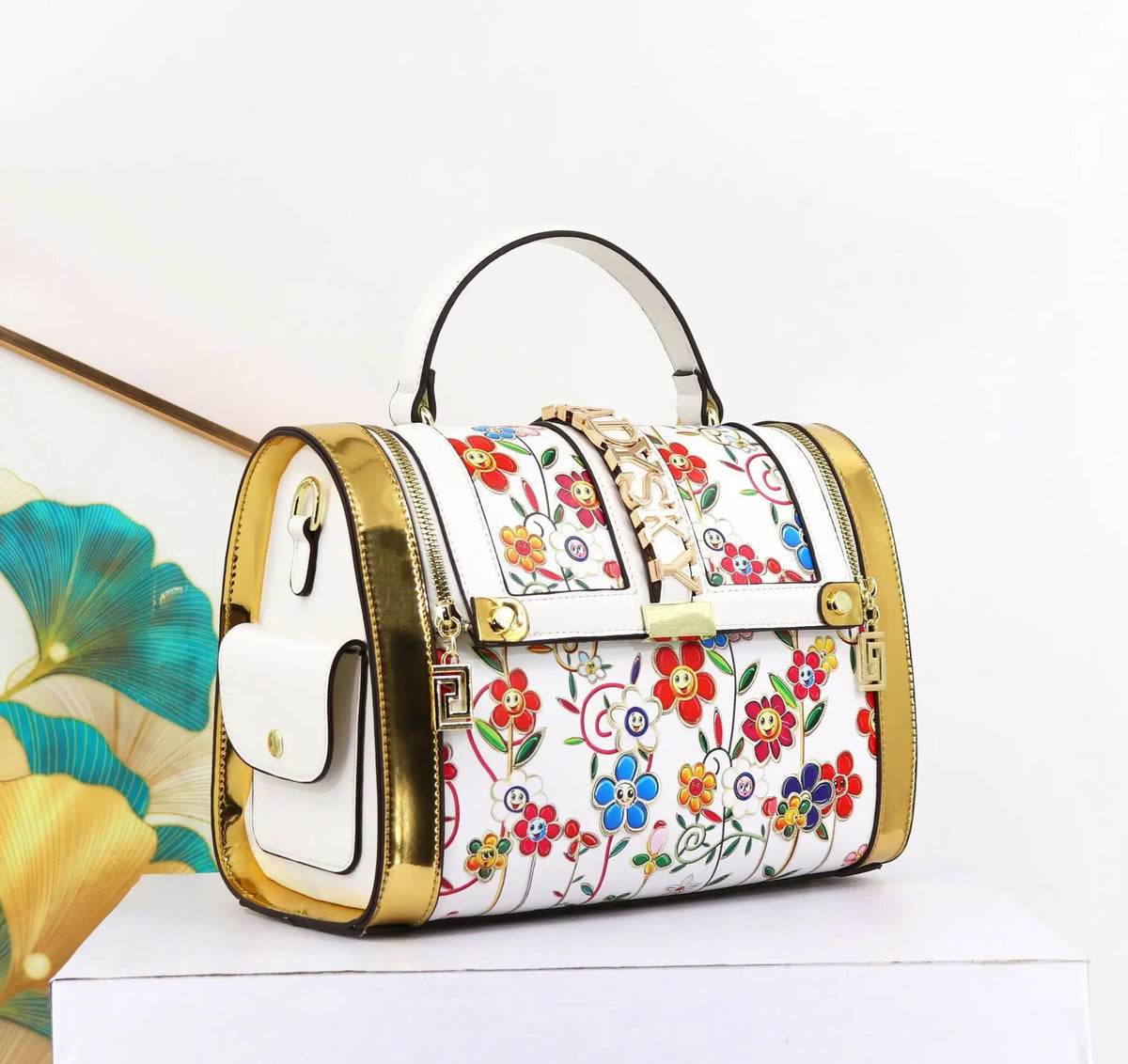 Borsa Boston da Donna con Stampa, Borsa a Spalla Grande Capacità, Borsa a Tracolla con Doppia Cerniera, Stile Mezza Copertura, Borsa con Manico Superiore