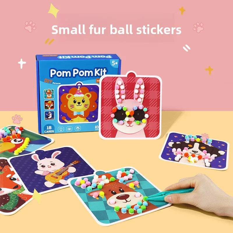 Handmade Material Children's Sticker Book Educational Early Learning Animal Pompom Art Kit Cartoon Montessori Pompom Crafts Toy