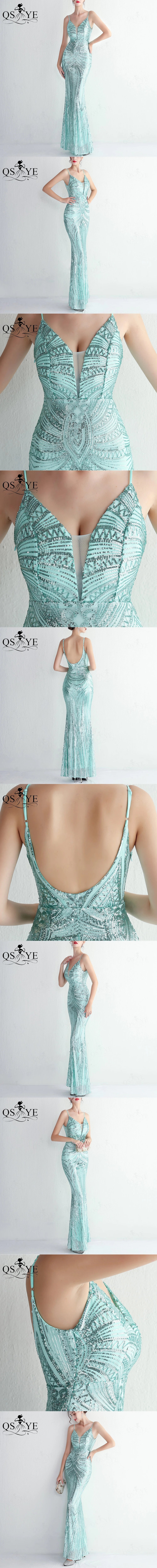 Abito da sera lungo nero semplice con paillettes, modello a sirena, spalline sottili, scollo a V, senza schienale, elegante per feste