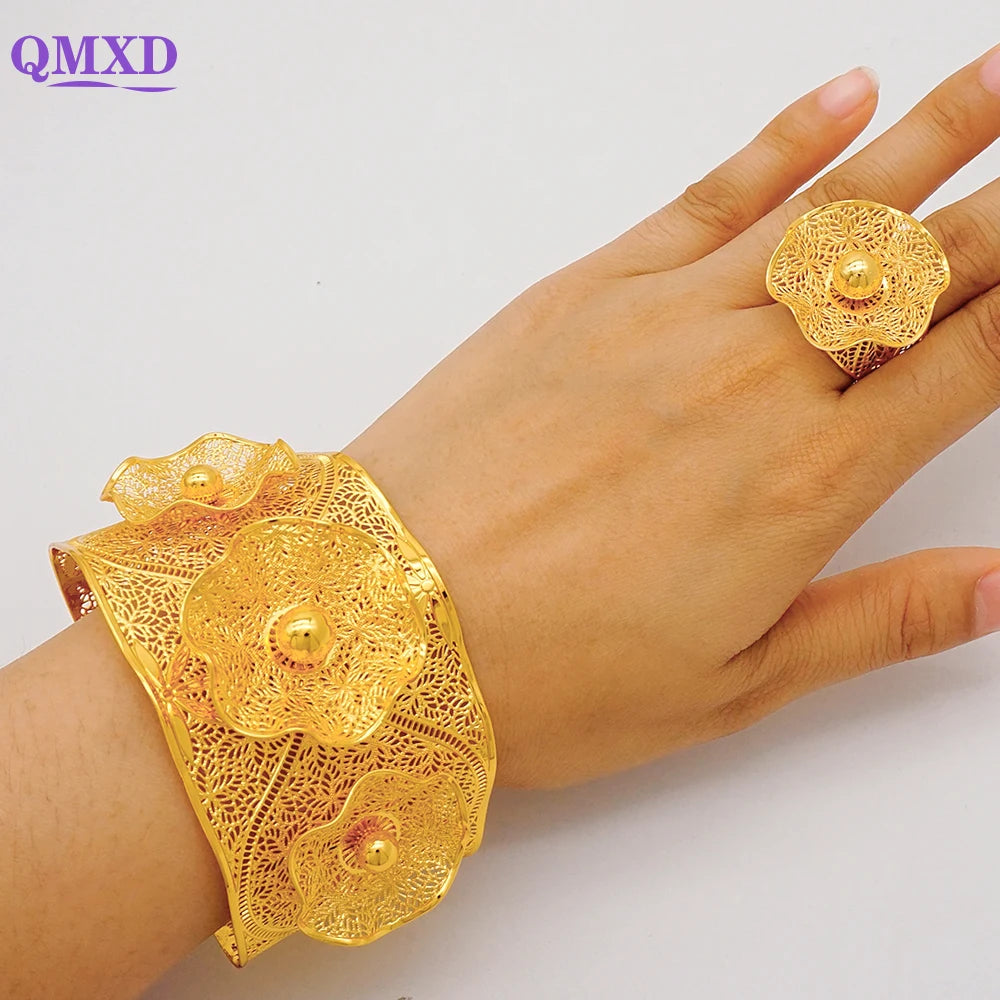 Bracciale color oro Dubai con anello per donna Bracciale con polsino a catena con ciondoli Bracciale indiano Arabo Francia Regali di gioielli da sposa