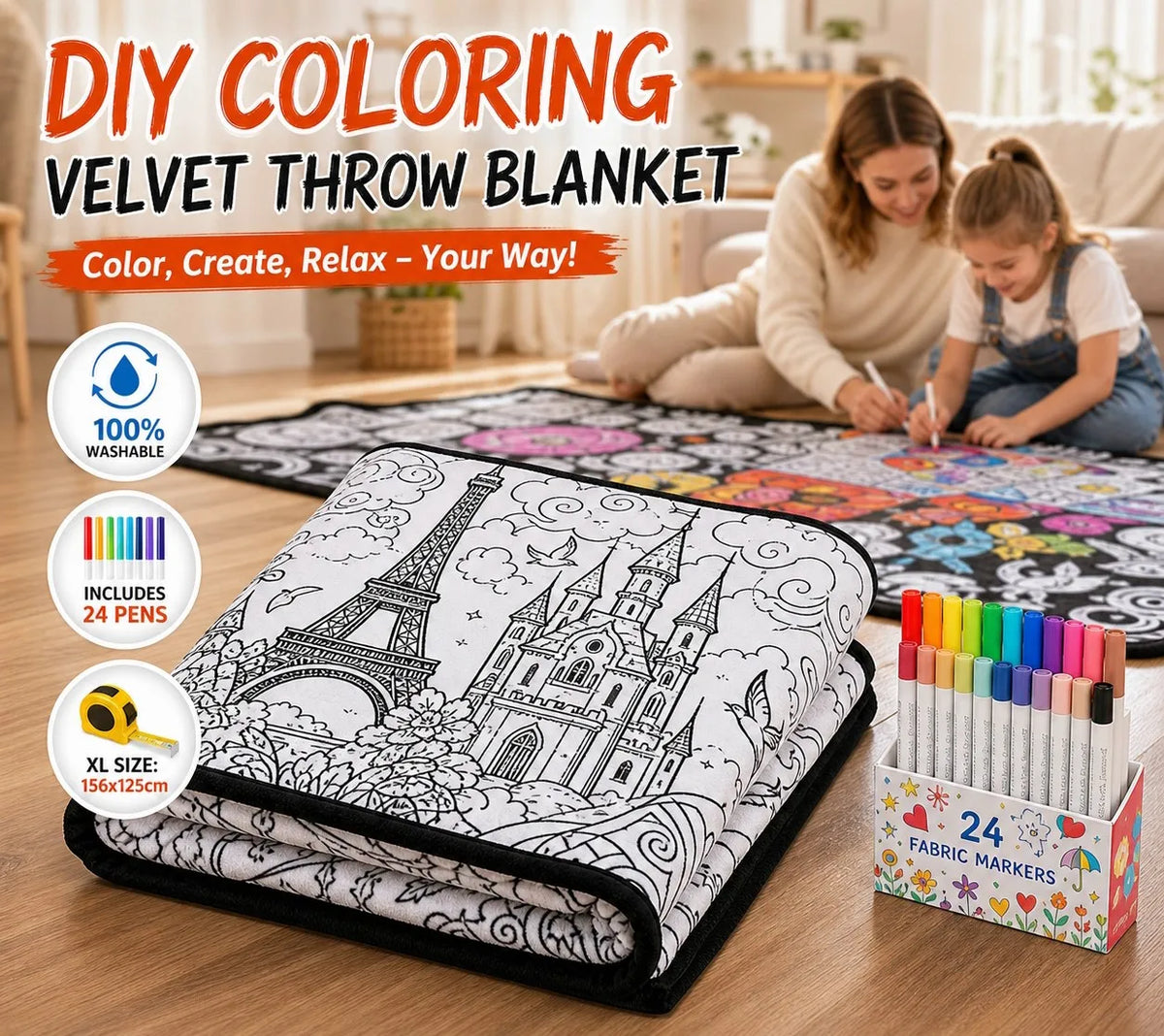 DIY Coloring Blanket Washable Reusable Fleece Throw Color Your Own Blanket Set with 24 Markers Kids Arts Crafts Gift