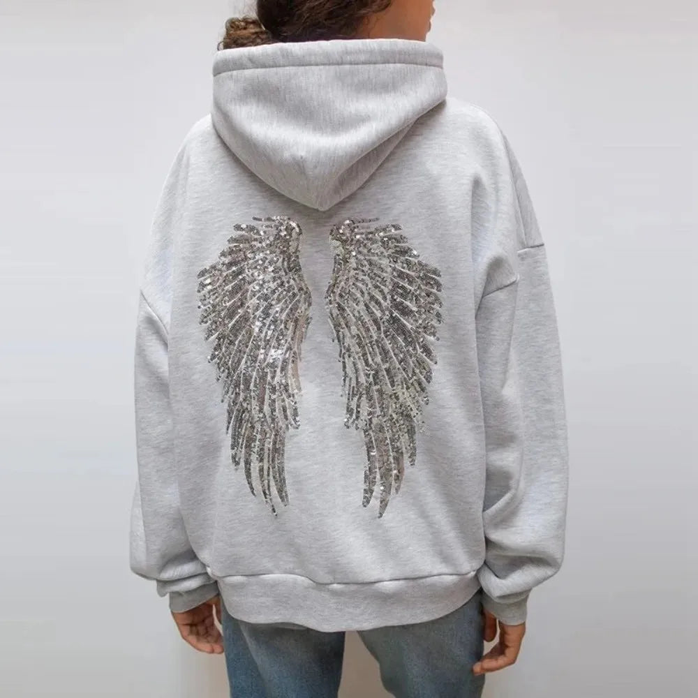 Felpa con cappuccio ricamata con ali con paillettes gotiche Pullover a maniche lunghe larghi oversize da donna Felpe Y2k slim retrò Top vestiti