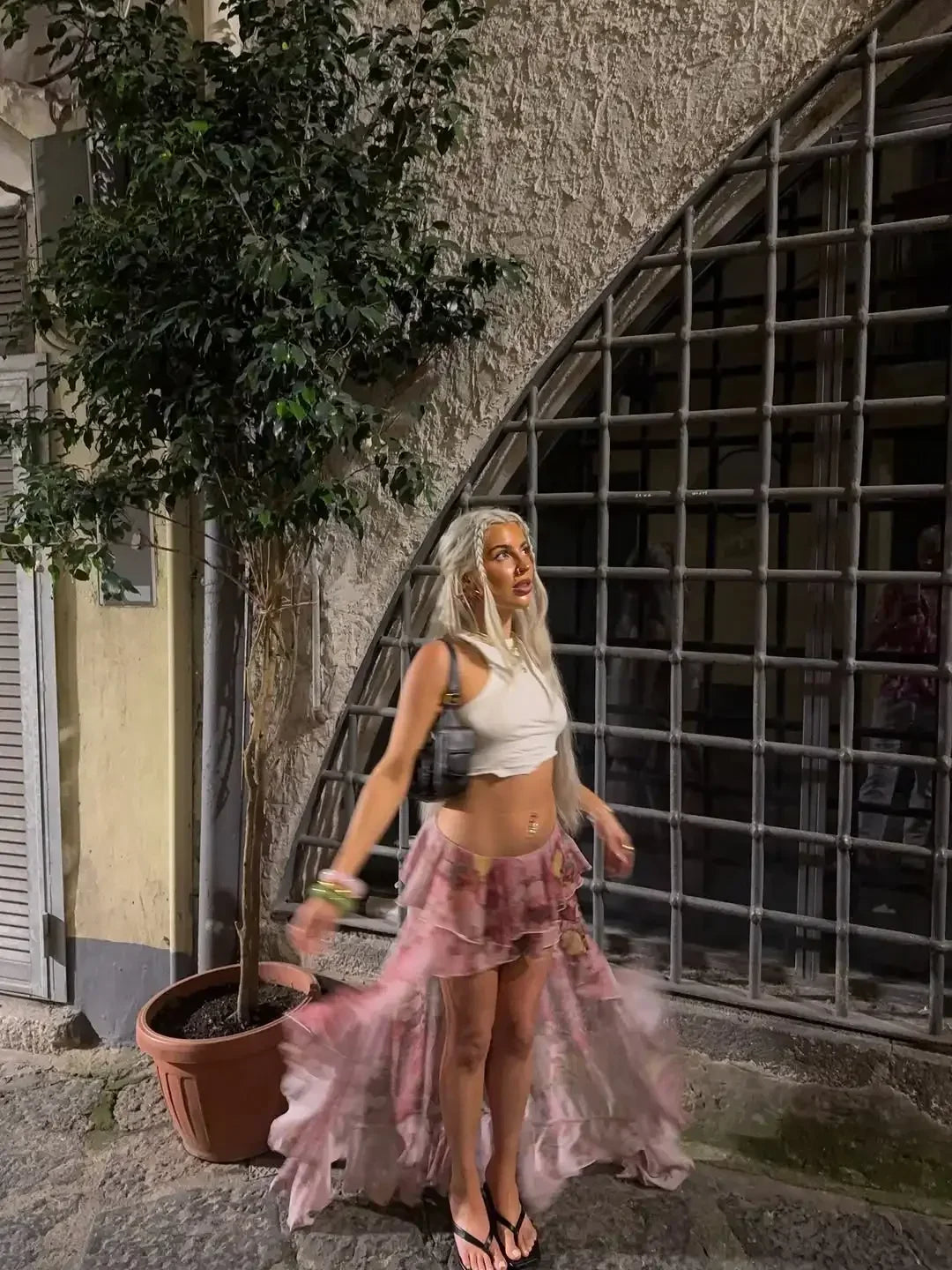 Gonna da donna rosa floreale con volant asimmetrici, sexy, con orlo asimmetrico, chic, trasparente, plissettata, a trapezio, 2026, stile bohémien da spiaggia