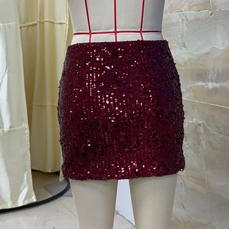 Minigonna corta scintillante a vita alta Gonna a tubino con paillettes Donne sexy Elegante tinta unita Cocktail Club Party Gonne Streetwear