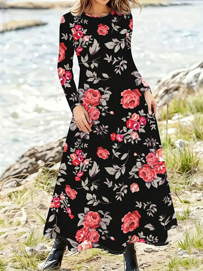 Abito Midi Floreale Elegante Maniche Lunghe