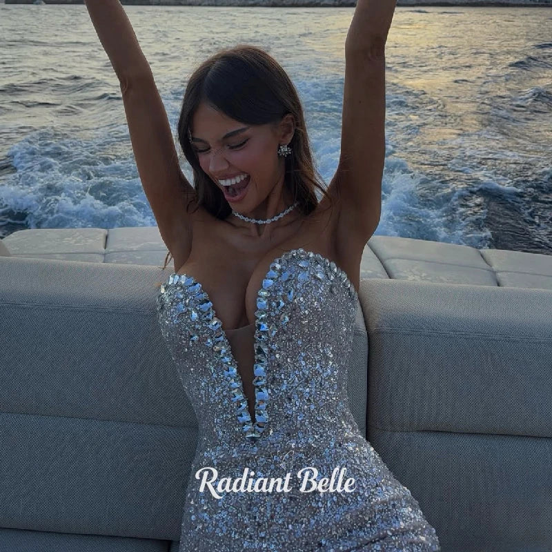 Abiti da sera a sirena personalizzati Radiant con paillettes e cristalli, scollo a cuore, plissettati, con lacci, stile arabo saudita, Vestidos De Fiesta