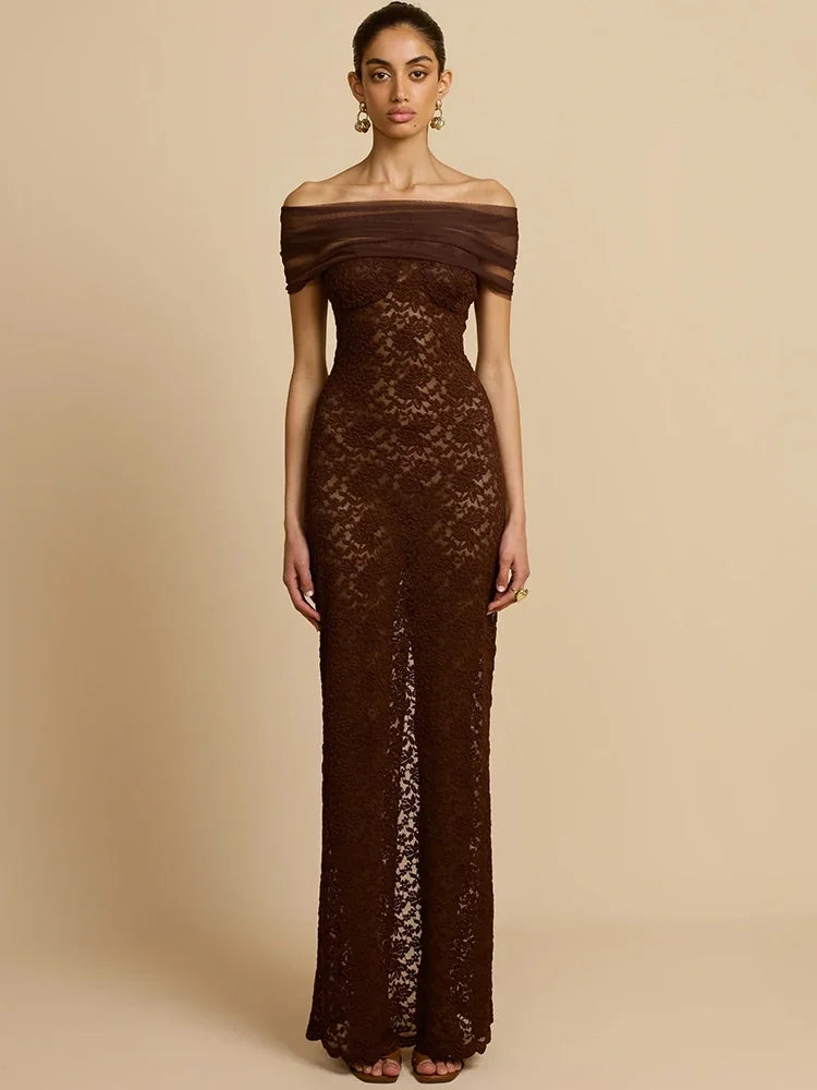 Abito lungo sexy senza schienale con spalle scoperte in pizzo Abito da donna Elegante abito da club aderente diviso senza spalline senza spalline