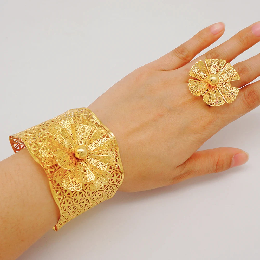 Bracciale color oro Dubai con anello per donna Bracciale con polsino a catena con ciondoli Bracciale indiano Arabo Francia Regali di gioielli da sposa