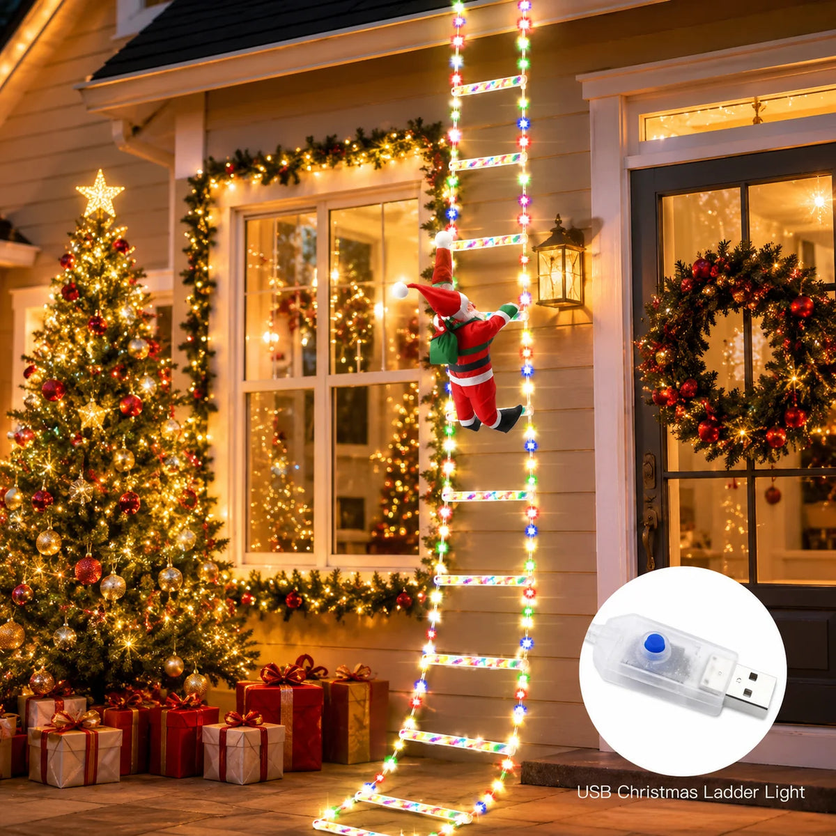 USB Christmas Ladder Lights with Climbing Santa, 8 Modes, Warm White/Colorful, 8/12 Rung LED Holiday Decor
