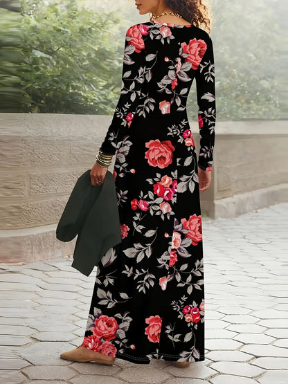 Abito Midi Floreale Elegante Maniche Lunghe