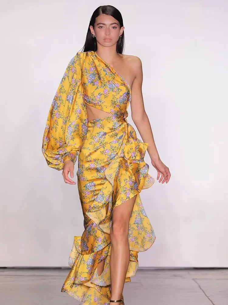 Abito Elegante e Sexy con Stampa Floreale, Orlo Asimmetrico, Collo Alto, Maniche a Palloncino, Lunghezza al Ginocchio