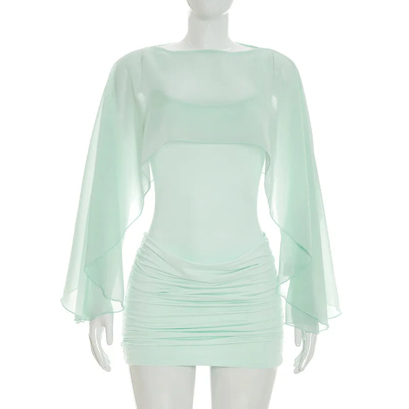 Mini Abito Sexy in Rete Trasparente da Donna, Outfit da Festa Y2K, Vestito Aderente Senza Maniche con Scollo Tondo per l'Autunno, Regalo per le Vacanze