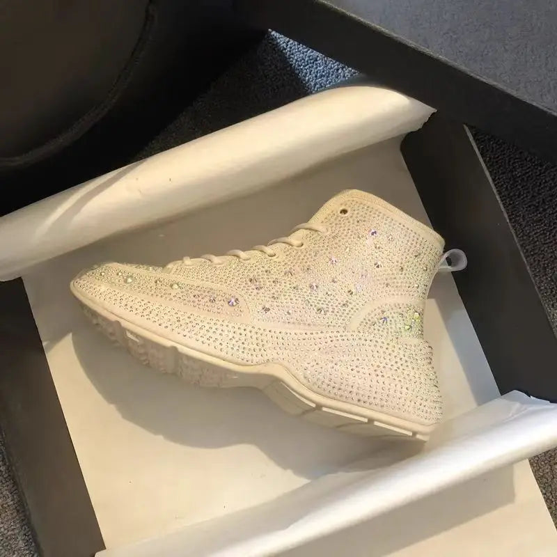 Stivali da donna con strass di lusso di marca originale Primavera High Top Blingbling Platform Sneakers Stivali da moto di moda Scarpe da papà
